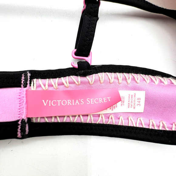 VICTORIA'S SECRET Blue Pink Crochet Boho Hipster Bikini Set 34B Top Large Bottom - Picture 6 of 11